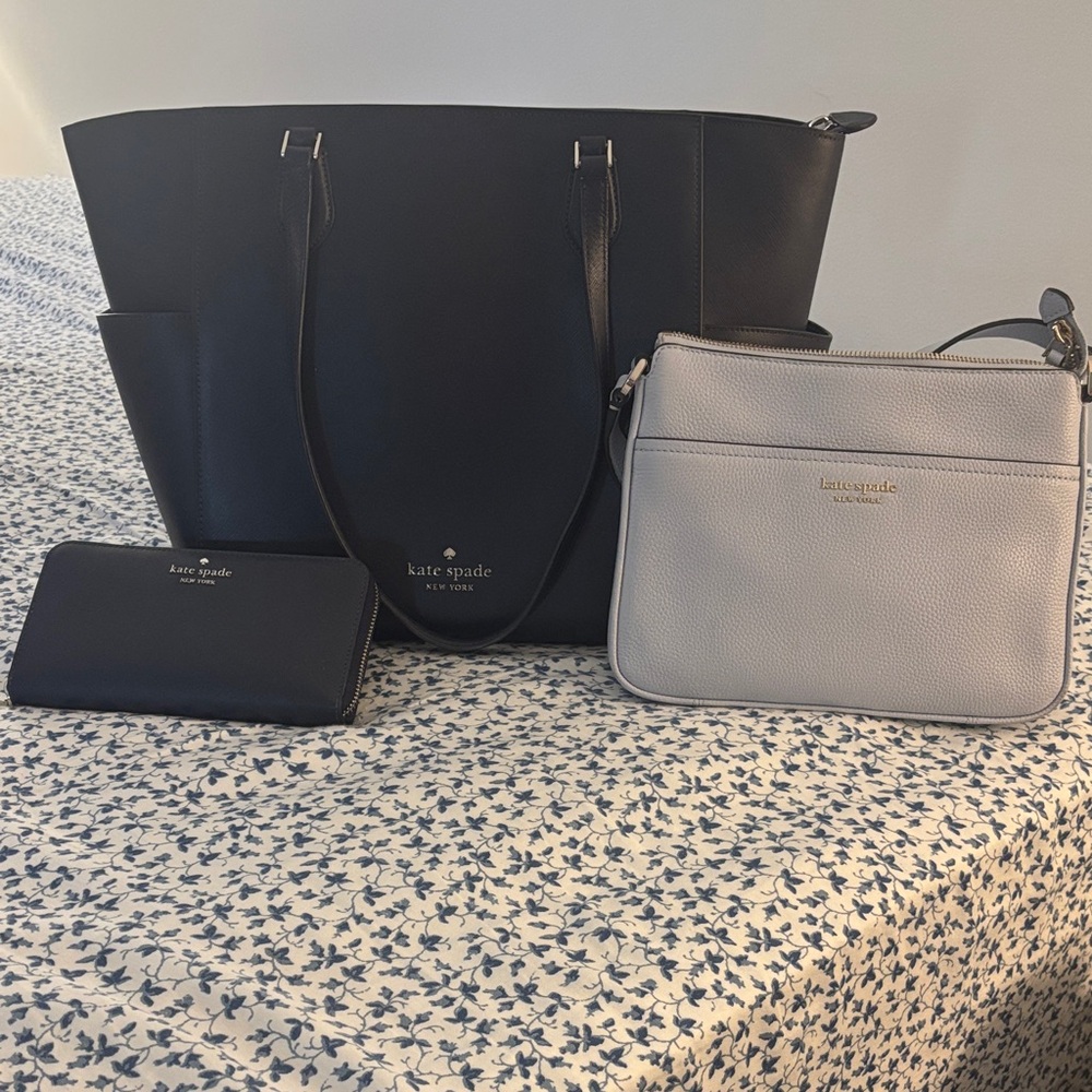 Kate Spade Navy Blue Tote and wallet. Pale Blue Crossbody Set